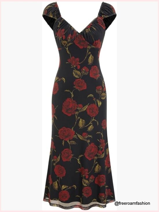 Dresses & Skirts - Floral Midi Dress with Ruffle Sleeves, Summer Casual Outfit